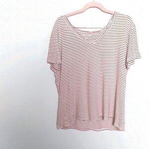 American Eagle Light Brown & White Horizontal Stripe V Neck Short Sleeve T Shirt